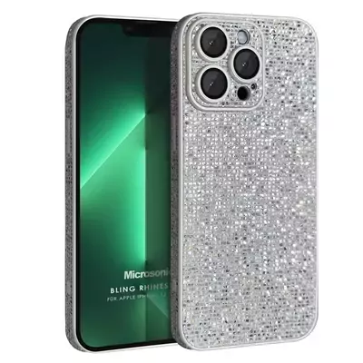 Microsonic Apple iPhone 13 Pro Kılıf Bling Rhinestones Gümüş