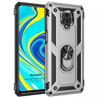 Microsonic Xiaomi Redmi Note 9 Pro Max Kılıf Military Ring Holder Gümüş