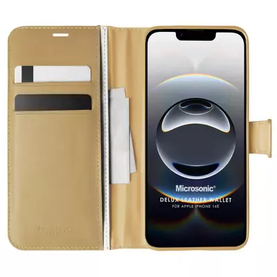 Microsonic Apple iPhone 16e Kılıf Delux Leather Wallet Gold