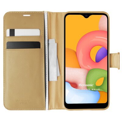 Microsonic Samsung Galaxy A01 Kılıf Delux Leather Wallet Gold