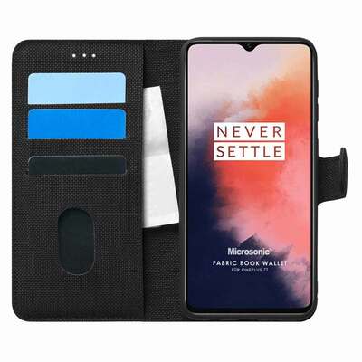 Microsonic OnePlus 7T Kılıf Fabric Book Wallet Siyah