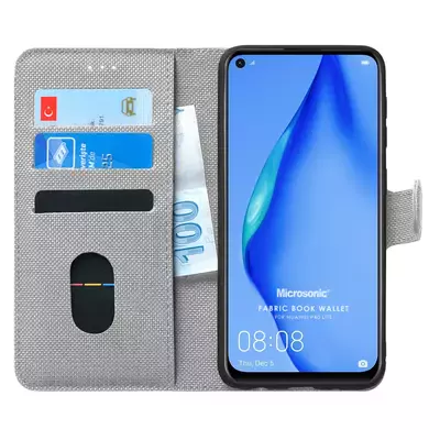 Microsonic Huawei P40 Lite Kılıf Fabric Book Wallet Gri