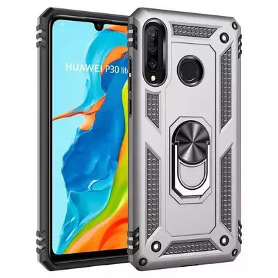 Microsonic Huawei P30 Lite Kılıf Military Ring Holder Gümüş