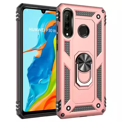 Microsonic Huawei P30 Lite Kılıf Military Ring Holder Rose Gold