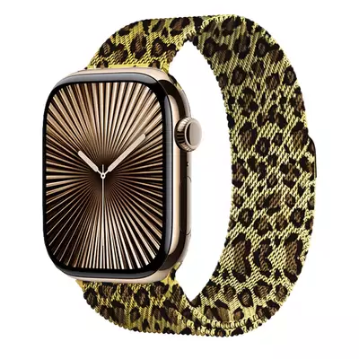 Microsonic Apple Watch Series 8 45mm Kordon Luxe Metal Leopard Sarı