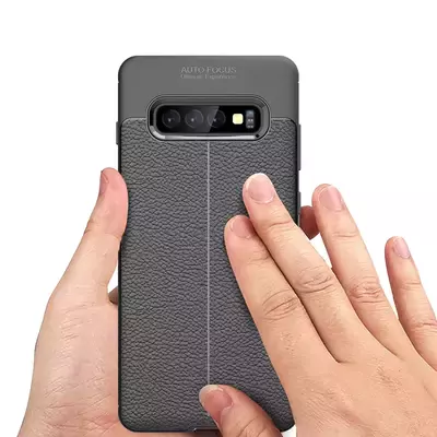 Microsonic Samsung Galaxy S10 Plus Kılıf Deri Dokulu Silikon Siyah