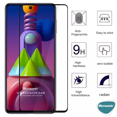 Microsonic Samsung Galaxy M51 Tam Kaplayan Temperli Cam Ekran Koruyucu Siyah