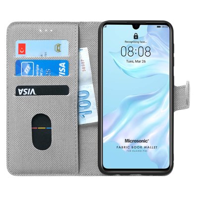 Microsonic Huawei P30 Kılıf Fabric Book Wallet Gri