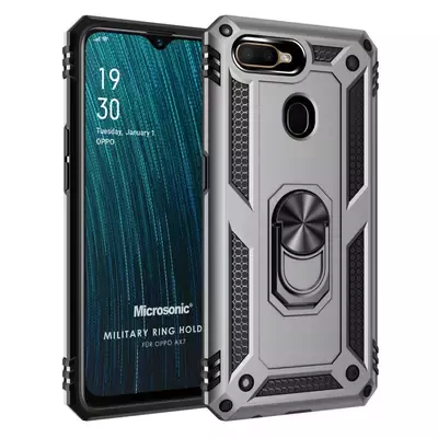 Microsonic Oppo AX7 Kılıf Military Ring Holder Gümüş