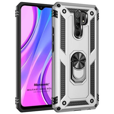 Microsonic Xiaomi Redmi 9 Kılıf Military Ring Holder Gümüş