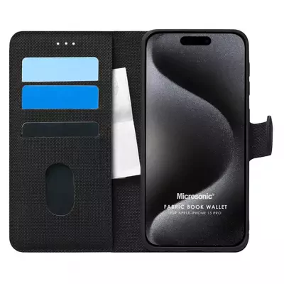 Microsonic Apple iPhone 15 Pro Kılıf Fabric Book Wallet Siyah