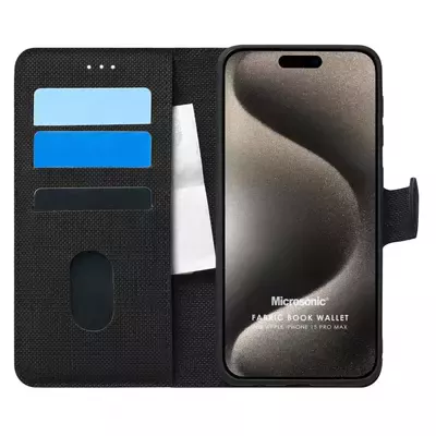 Microsonic Apple iPhone 15 Pro Max Kılıf Fabric Book Wallet Siyah