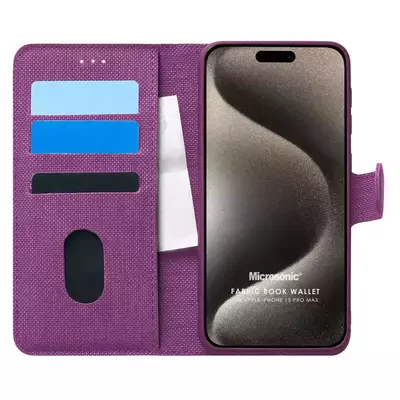 Microsonic Apple iPhone 15 Pro Max Kılıf Fabric Book Wallet Mor