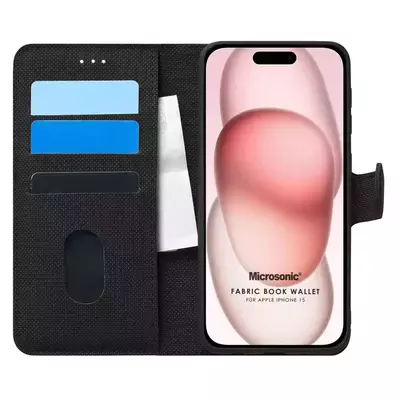 Microsonic Apple iPhone 15 Kılıf Fabric Book Wallet Siyah