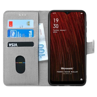 Microsonic Oppo AX7 Kılıf Fabric Book Wallet Gri