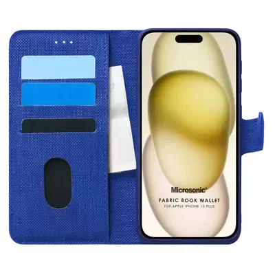 Microsonic Apple iPhone 15 Plus Kılıf Fabric Book Wallet Lacivert