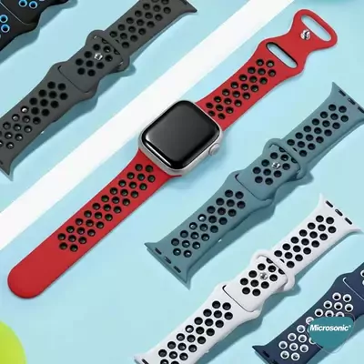 Microsonic Apple Watch Series 11 42mm Kordon Rainbow Band Lacivert Beyaz