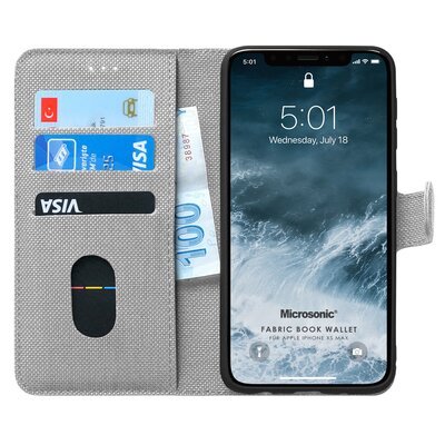 Microsonic Apple iPhone X Kılıf Fabric Book Wallet Gri