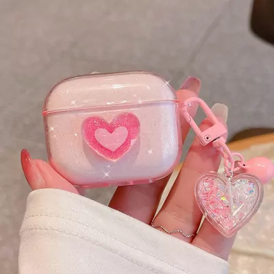 Microsonic Airpods Pro 3 Kılıf Simli Parıltılı Kalp Desenli Pembe