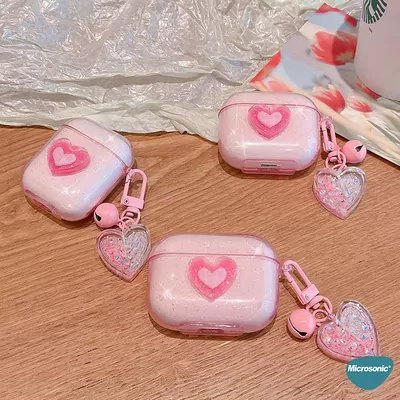 Microsonic Airpods Pro 3 Kılıf Simli Parıltılı Kalp Desenli Pembe