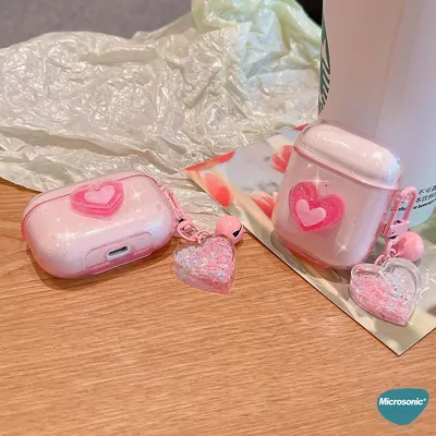 Microsonic Airpods Pro 3 Kılıf Simli Parıltılı Kalp Desenli Pembe