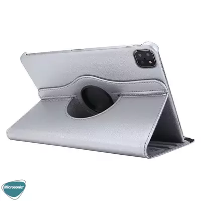 Microsonic Apple iPad Pro 12.9'' 2021 5. Nesil Kılıf (A2378-A2461-A2379-A2462) 360 Rotating Stand Deri Gümüş