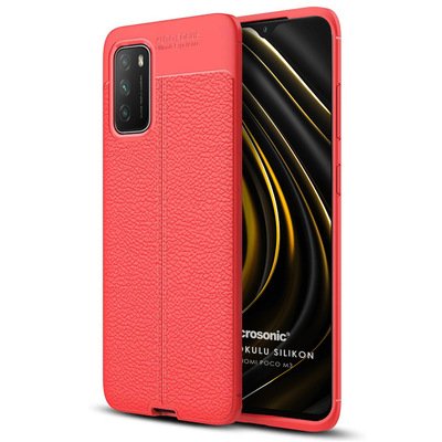 Microsonic Xiaomi Poco M3 Kılıf Deri Dokulu Silikon Kırmızı