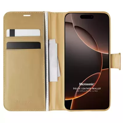 Microsonic Apple iPhone 16 Pro Kılıf Delux Leather Wallet Gold