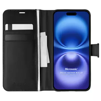 Microsonic Apple iPhone 16 Plus Kılıf Delux Leather Wallet Siyah