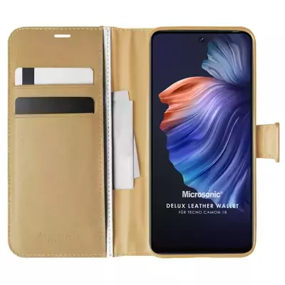 Microsonic TECNO Camon 18P Kılıf Delux Leather Wallet Gold