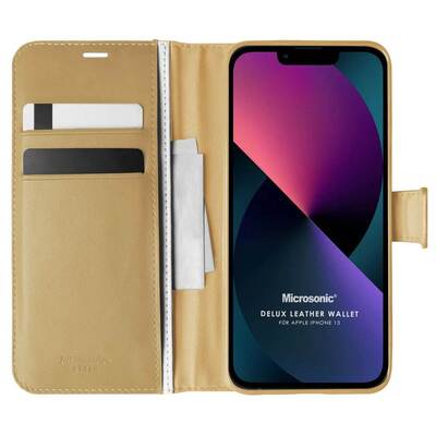 Microsonic Apple iPhone 13 Kılıf Delux Leather Wallet Gold