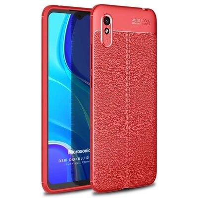 Microsonic Xiaomi Redmi 9A Kılıf Deri Dokulu Silikon Kırmızı