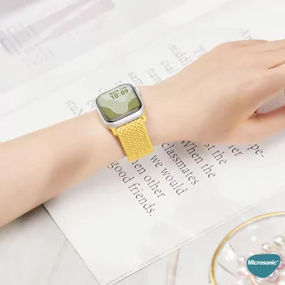 Microsonic Apple Watch Series 11 46mm Kordon, (Small Size, 127mm) Knitted Fabric Single Loop Sarı