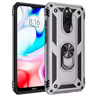 Microsonic Xiaomi Redmi 8 Kılıf Military Ring Holder Gümüş