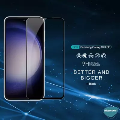 Microsonic Samsung Galaxy S23 FE Tam Kaplayan Temperli Cam Ekran Koruyucu Siyah