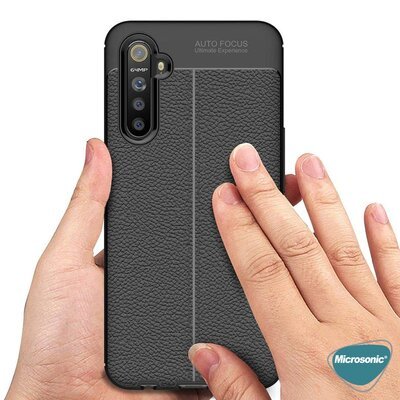 Microsonic Realme 5i Kılıf Deri Dokulu Silikon Siyah