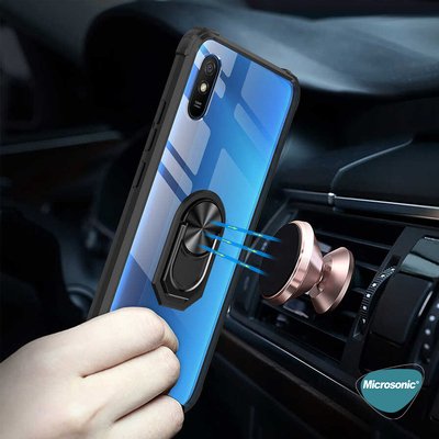 Microsonic Xiaomi Redmi 9A Kılıf Grande Clear Ring Holder Siyah