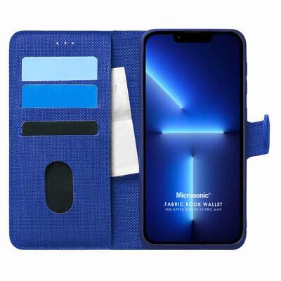 Microsonic Appple iPhone 13 Pro Max Kılıf Fabric Book Wallet Lacivert