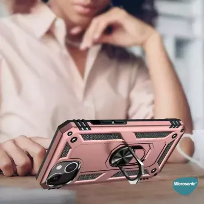 Microsonic Apple iPhone 14 Plus Kılıf Military Ring Holder Rose Gold