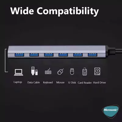 Microsonic USB Type-C (7 Port) Hub Kablo, Çoklu USB Çevirici Gri