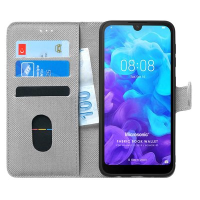 Microsonic Huawei Y5 2019 Kılıf Fabric Book Wallet Gri