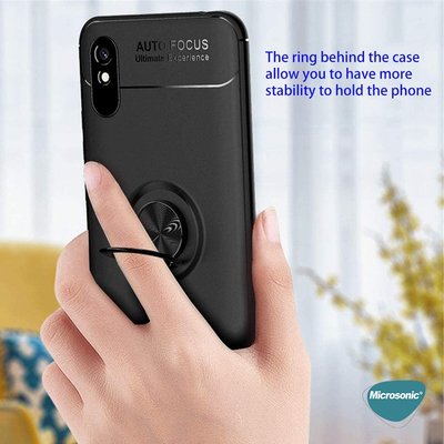 Microsonic Xiaomi Redmi 9A Kılıf Kickstand Ring Holder Siyah Rose