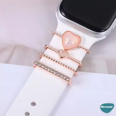 Microsonic Apple Watch 11 42mm Kordon Süsü Charm İnci Kalp Rose Gold