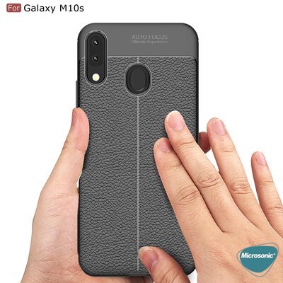 Microsonic Samsung Galaxy M10S Kılıf Deri Dokulu Silikon Gri