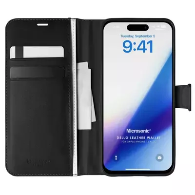 Microsonic Apple iPhone 15 Plus Kılıf Delux Leather Wallet Siyah