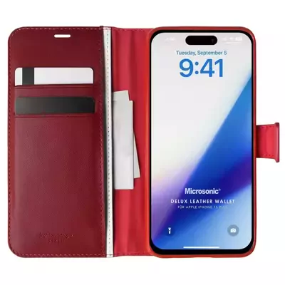 Microsonic Apple iPhone 15 Plus Kılıf Delux Leather Wallet Kırmızı