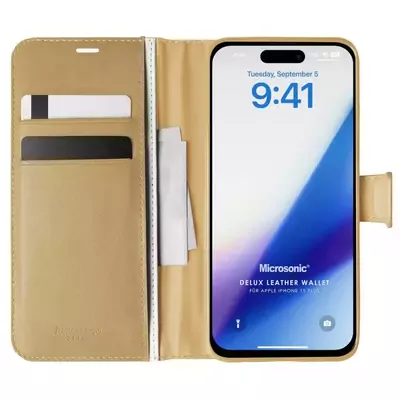 Microsonic Apple iPhone 15 Plus Kılıf Delux Leather Wallet Gold