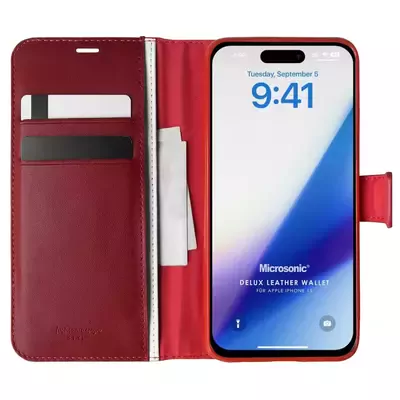 Microsonic Apple iPhone 15 Kılıf Delux Leather Wallet Kırmızı