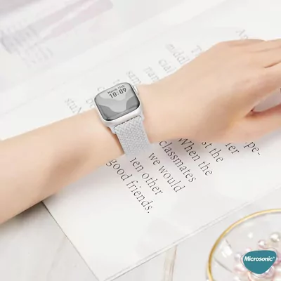 Microsonic Apple Watch Series 11 42mm Kordon, (Medium Size, 147mm) Knitted Fabric Single Loop Beyaz
