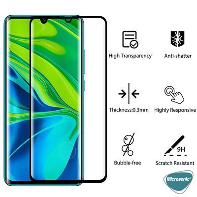 Microsonic Xiaomi Mi Note 10 Kavisli Temperli Cam Ekran Koruyucu Film Siyah